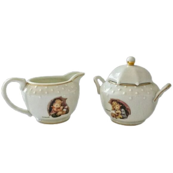 MJ HUMMEL Danbury Sugar & Creamer Set Porcelain Rainy Day Boy Girl Vintage - Picture 2 of 16